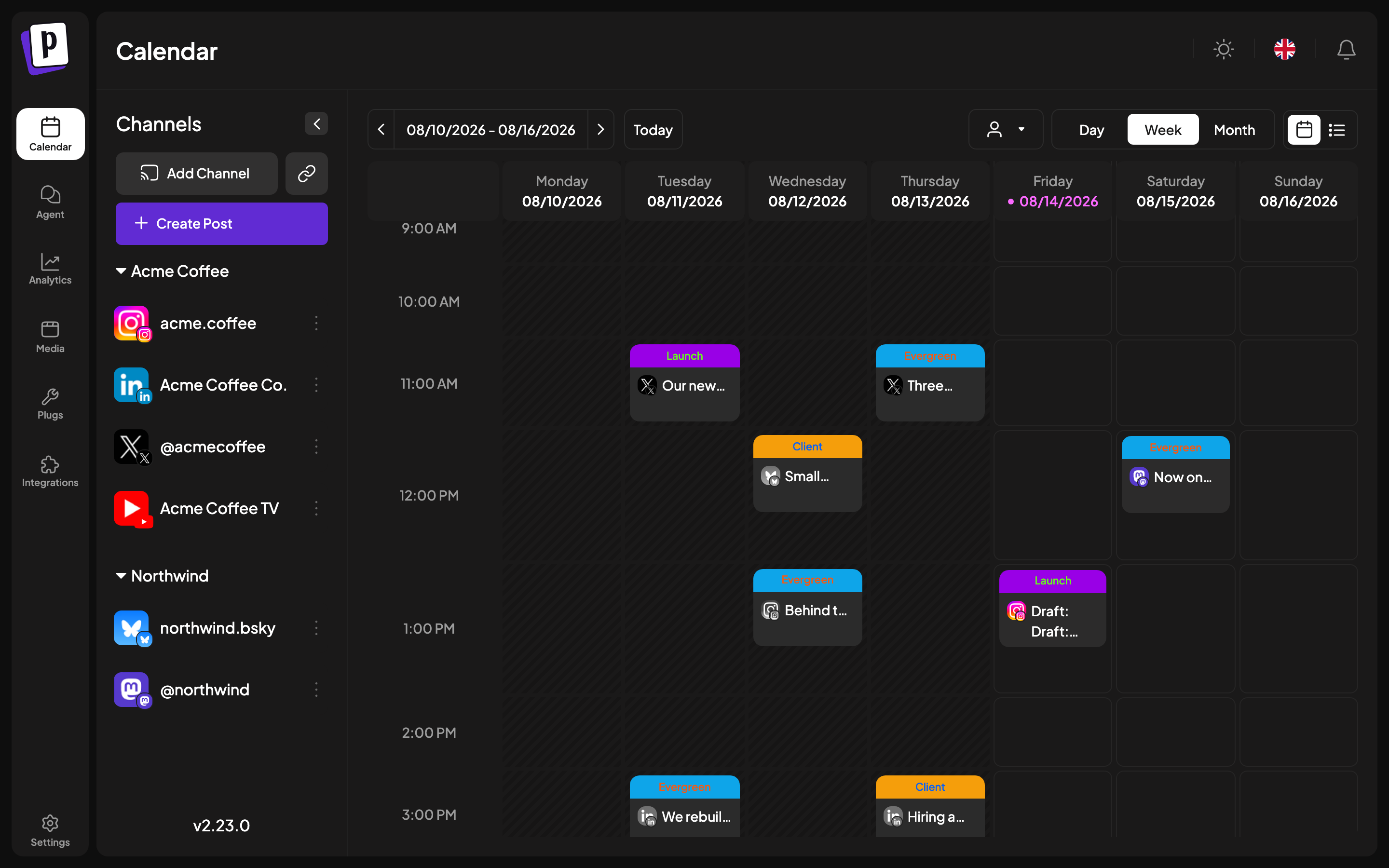 The Nitty Music Social interface: icon rail on the left, channel list, and the calendar